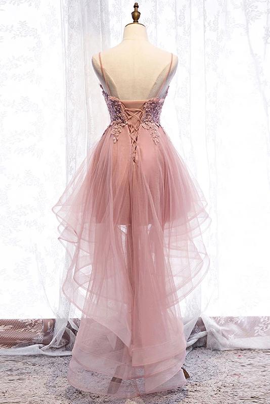High Low Spaghetti Straps Tulle Homecoming Dresses with Appliques