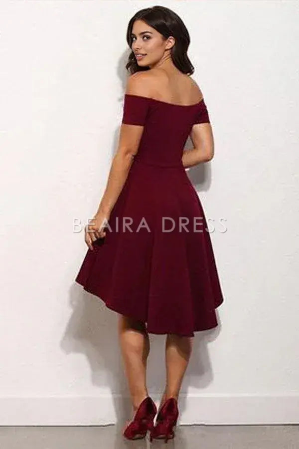 Beaira Simple High Low Off The Shoulder Burgundy Short Prom Dress Homecoming Dress formal wear dresses