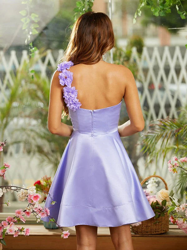 Homecoming Dresses Ball Gown One-Shoulder Knee-Length Satin With Handmade Flowers