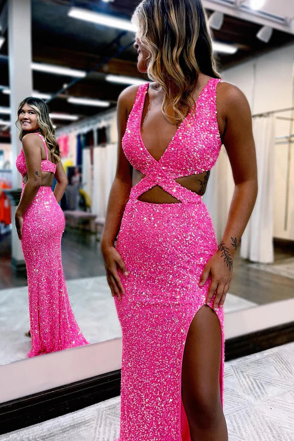 Beaira Sheath Deep V Neck Hot Pink Sequins Long Prom Dresses with Split Front - Hot Pink