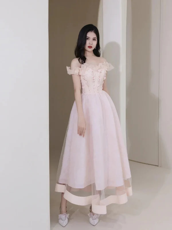 Pink Tulle Beaded Short Prom Dress Pink Off Shoulder Evening Party Dress