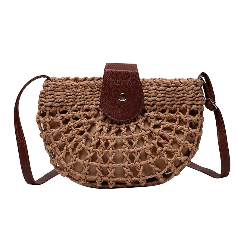 Beaira Ladies Semicircle Straw Handbag with Adjustable Strap Knitting Crossbody Bag Casual Sling Bag Travel Vacation Commute Bag