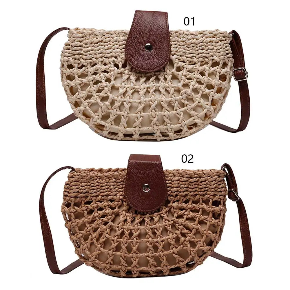 Beaira Ladies Semicircle Straw Handbag with Adjustable Strap Knitting Crossbody Bag Casual Sling Bag Travel Vacation Commute Bag