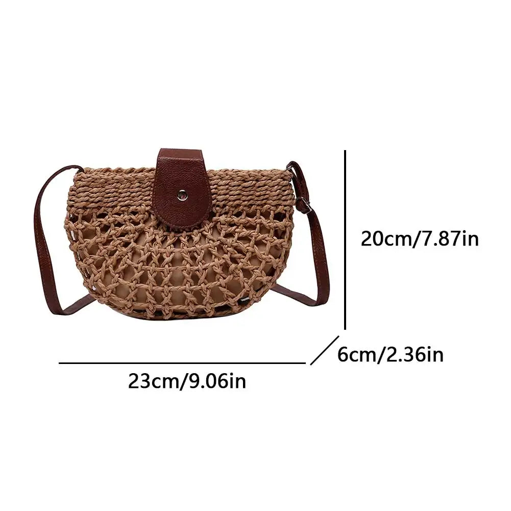 Beaira Ladies Semicircle Straw Handbag with Adjustable Strap Knitting Crossbody Bag Casual Sling Bag Travel Vacation Commute Bag