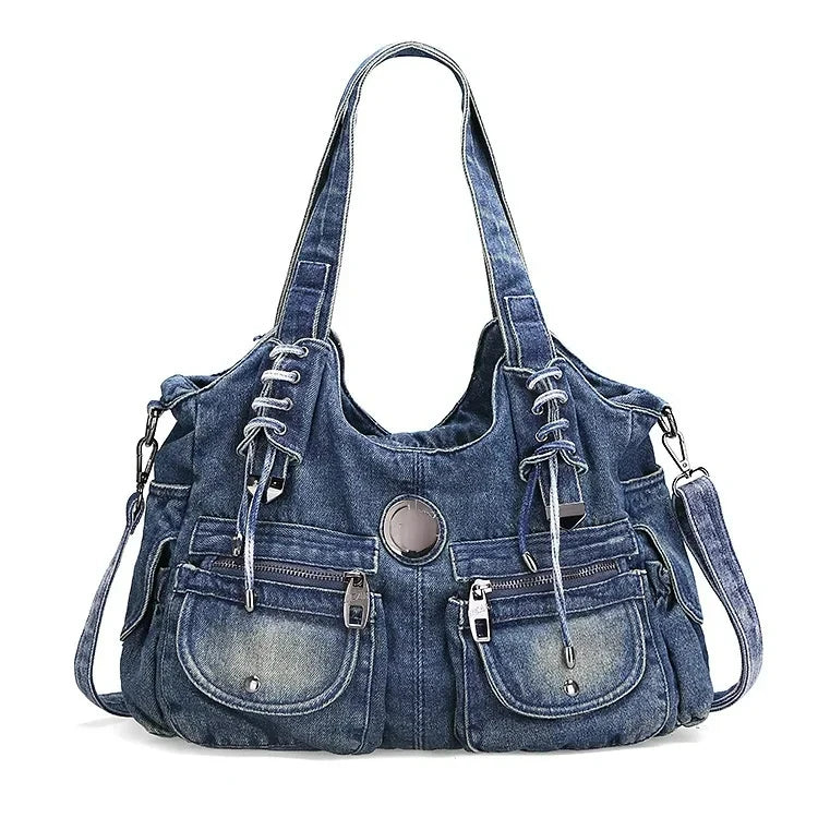 Beaira Large Capacity Handbag Casual Hobo Denim Bag Women Shoulder Bag Jeans Multiple Pockets Tote Bag