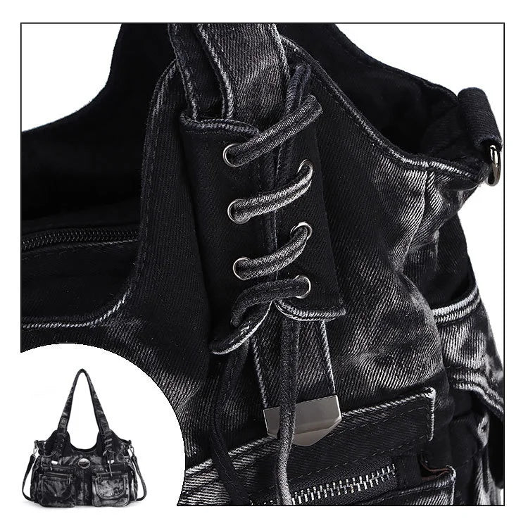 Beaira Large Capacity Handbag Casual Hobo Denim Bag Women Shoulder Bag Jeans Multiple Pockets Tote Bag