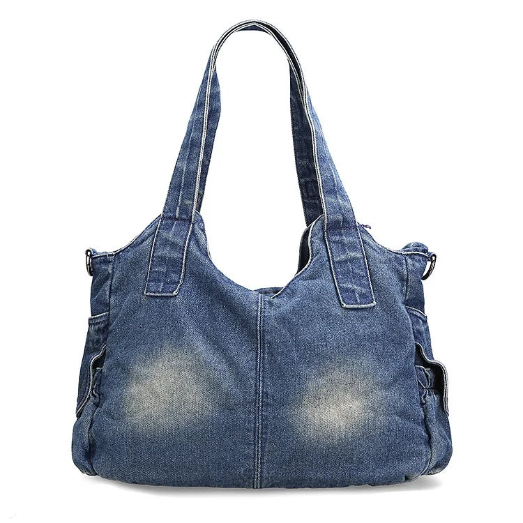 Beaira Large Capacity Handbag Casual Hobo Denim Bag Women Shoulder Bag Jeans Multiple Pockets Tote Bag