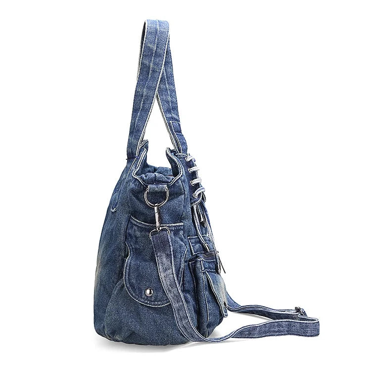 Beaira Large Capacity Handbag Casual Hobo Denim Bag Women Shoulder Bag Jeans Multiple Pockets Tote Bag
