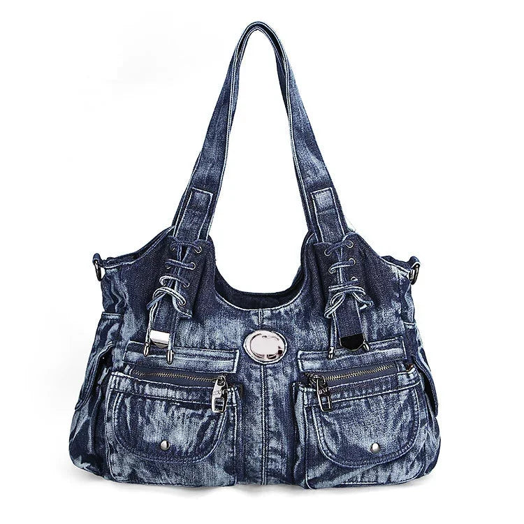 Beaira Large Capacity Handbag Casual Hobo Denim Bag Women Shoulder Bag Jeans Multiple Pockets Tote Bag
