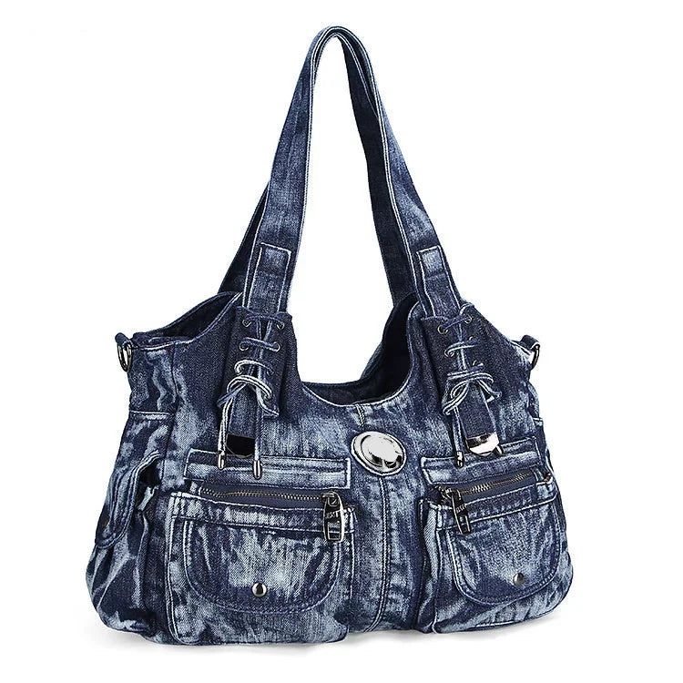 Beaira Large Capacity Handbag Casual Hobo Denim Bag Women Shoulder Bag Jeans Multiple Pockets Tote Bag