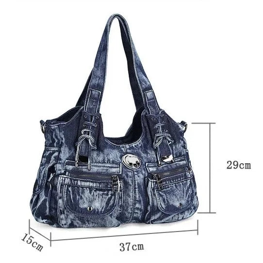 Beaira Large Capacity Handbag Casual Hobo Denim Bag Women Shoulder Bag Jeans Multiple Pockets Tote Bag
