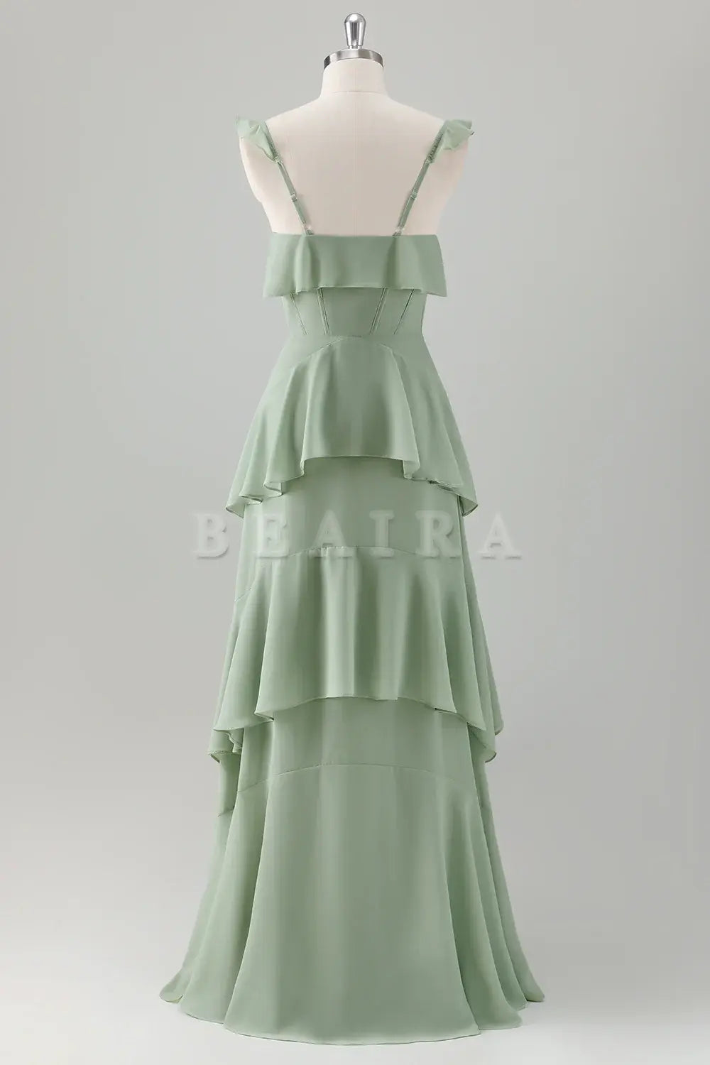 Beaira Light Green A-Line Square Neck Chiffon Tiered Long Bridesmaid Dress Bridesmaid dress shop