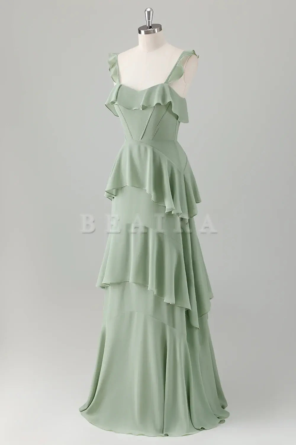 Beaira Light Green A-Line Square Neck Chiffon Tiered Long Bridesmaid Dress Bridesmaid dress shop