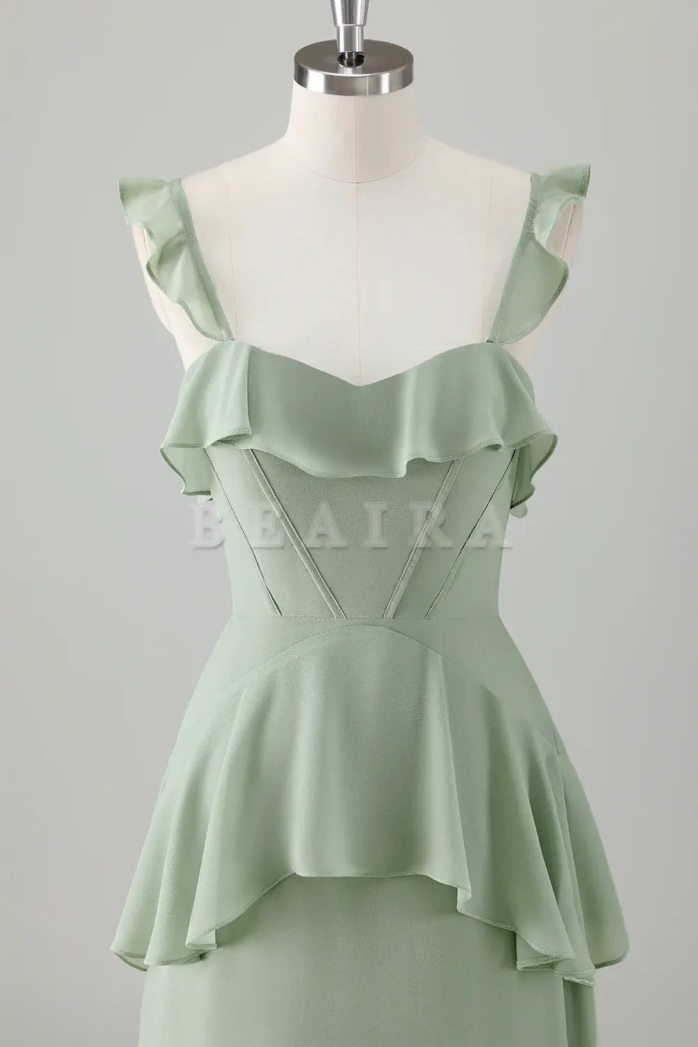 Beaira Light Green A-Line Square Neck Chiffon Tiered Long Bridesmaid Dress Bridesmaid dress shop