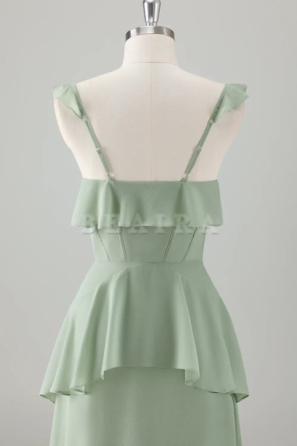 Beaira Light Green A-Line Square Neck Chiffon Tiered Long Bridesmaid Dress Bridesmaid dress shop