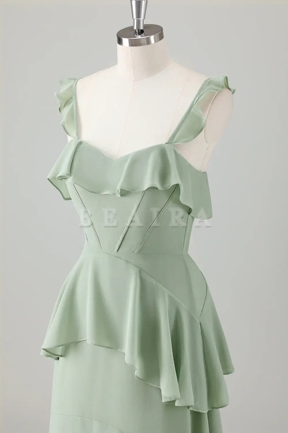 Beaira Light Green A-Line Square Neck Chiffon Tiered Long Bridesmaid Dress Bridesmaid dress shop