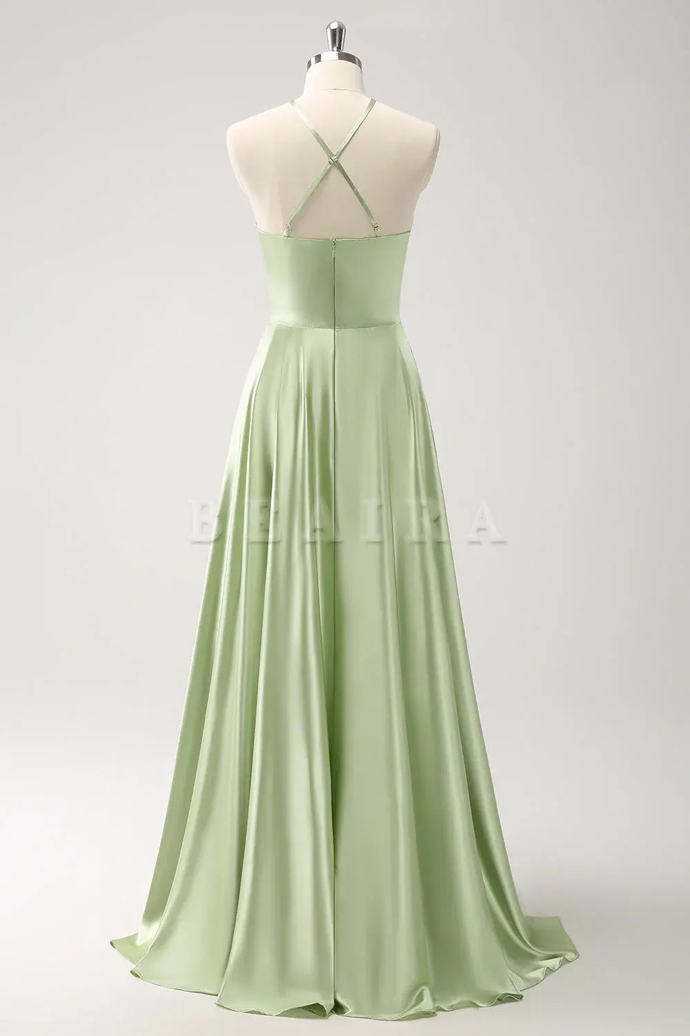 Beaira Light Green A Line Halter Hollow Out Satin Bridesmaid Dress with Flower Bridesmaid dress shop
