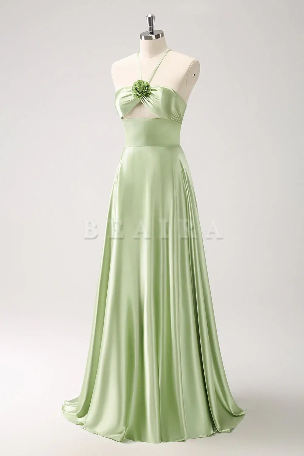 Beaira Light Green A Line Halter Hollow Out Satin Bridesmaid Dress with Flower Bridesmaid dress shop
