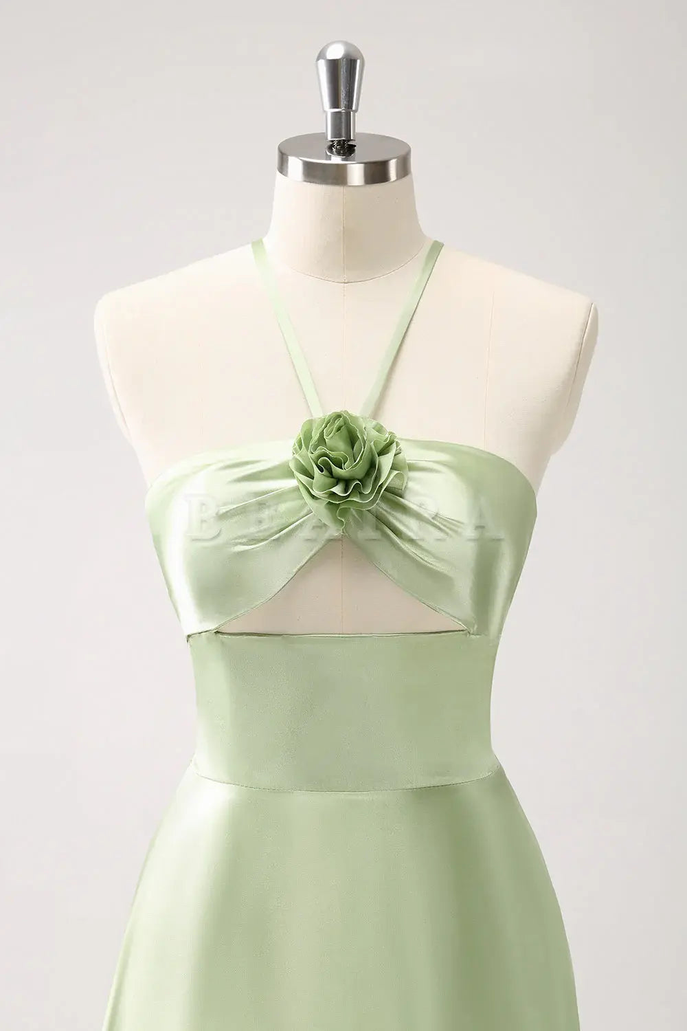 Beaira Light Green A Line Halter Hollow Out Satin Bridesmaid Dress with Flower Bridesmaid dress shop