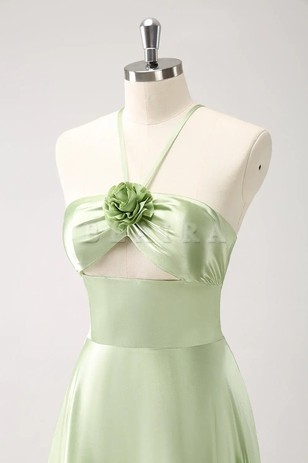 Beaira Light Green A Line Halter Hollow Out Satin Bridesmaid Dress with Flower Bridesmaid dress shop