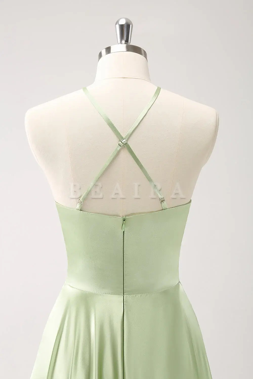 Beaira Light Green A Line Halter Hollow Out Satin Bridesmaid Dress with Flower Bridesmaid dress shop