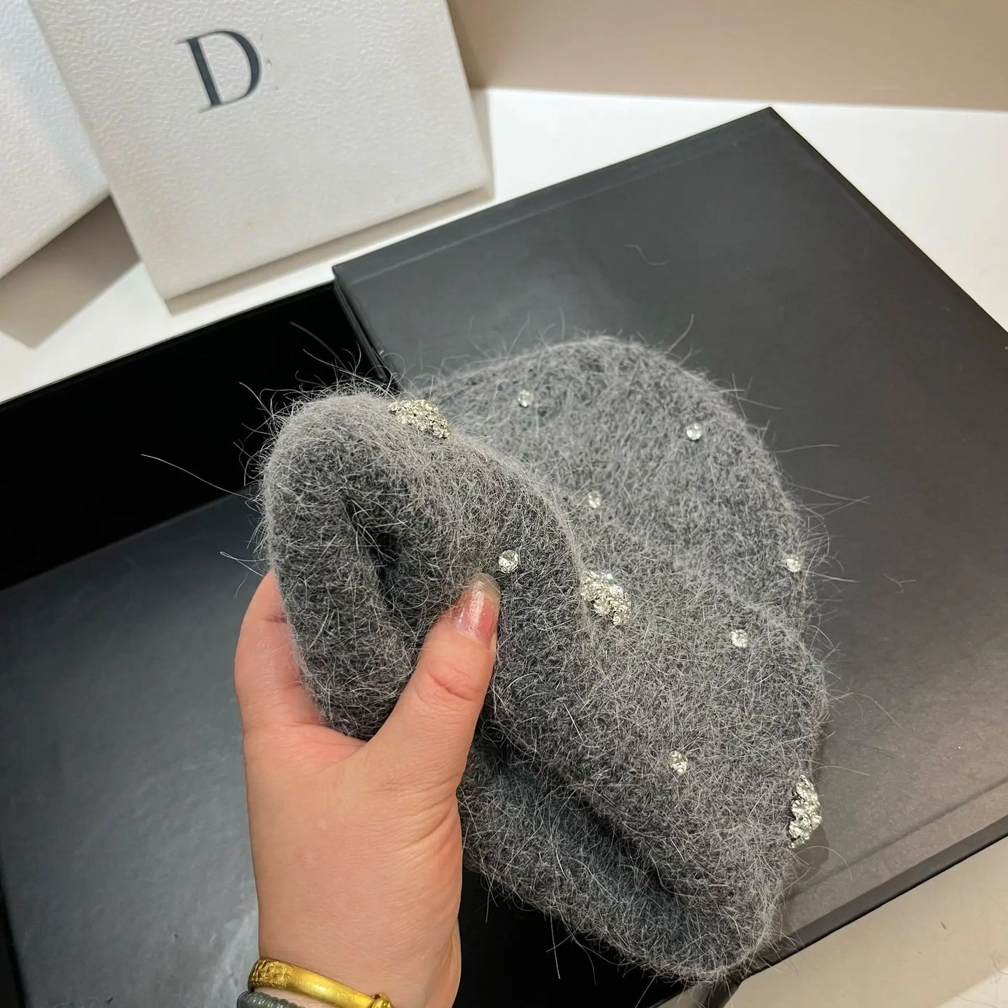 Beaira Luxury Rhinstone Real Rabbit Fur Knitted Hats for Women Winter Warm Wool Skullies Beanies Lady Casual Beanie Bonnet Skiing Cap