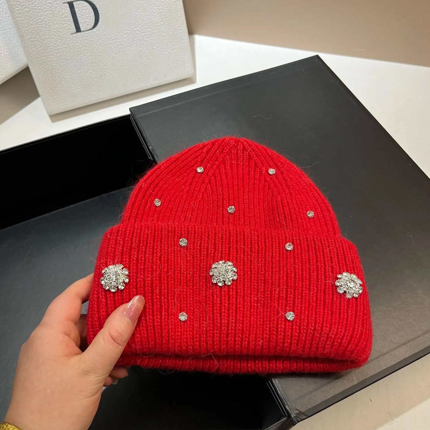 Beaira Luxury Rhinstone Real Rabbit Fur Knitted Hats for Women Winter Warm Wool Skullies Beanies Lady Casual Beanie Bonnet Skiing Cap