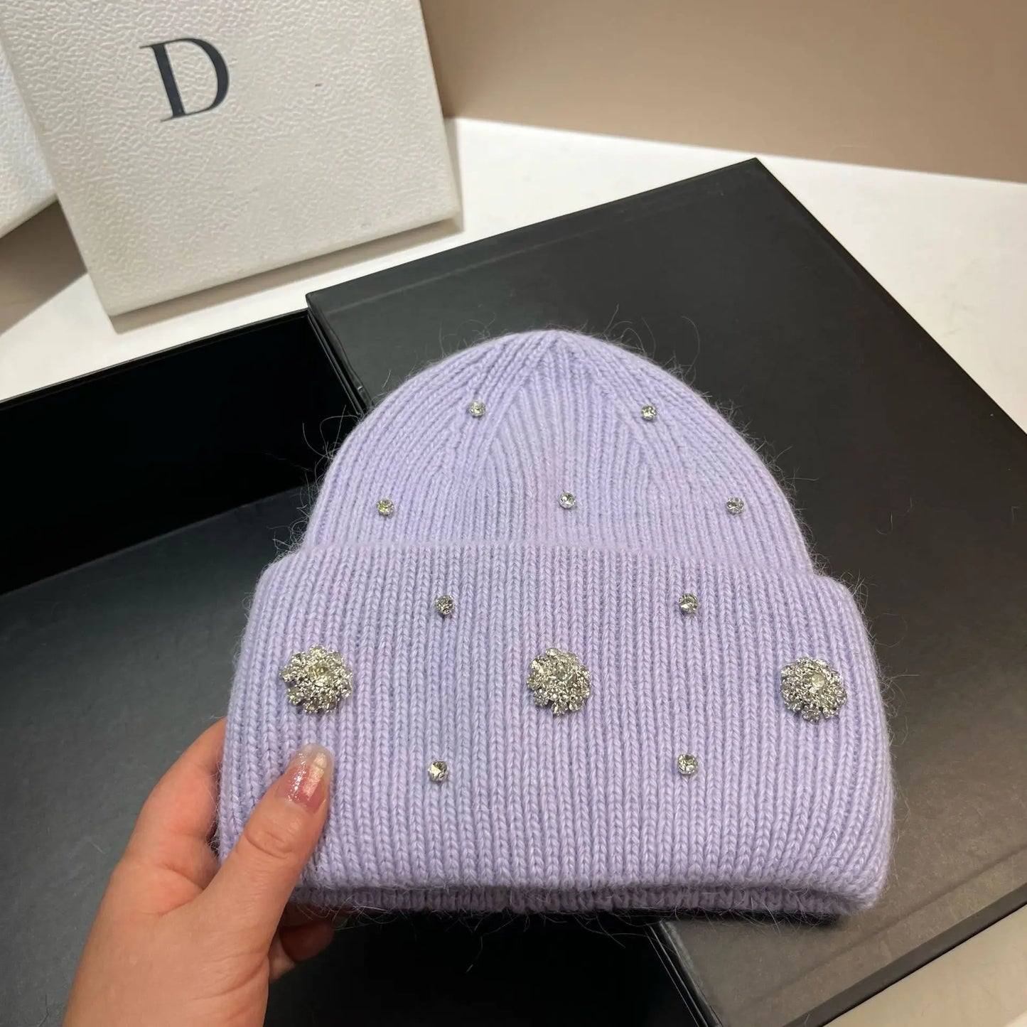 Beaira Luxury Rhinstone Real Rabbit Fur Knitted Hats for Women Winter Warm Wool Skullies Beanies Lady Casual Beanie Bonnet Skiing Cap