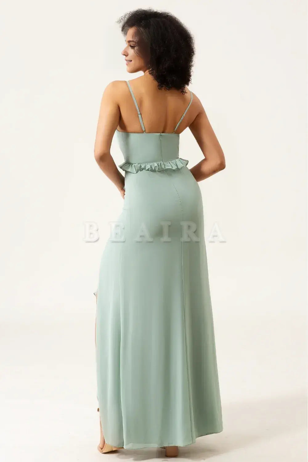 Beaira Matcha A-Line Spaghetti Straps Chiffon Bridesmaid Dress With Ruffles Bridesmaid dress shop