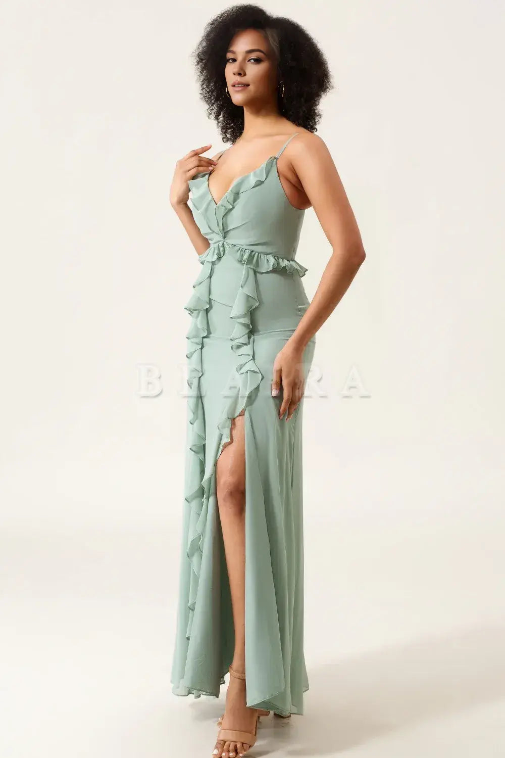 Beaira Matcha A-Line Spaghetti Straps Chiffon Bridesmaid Dress With Ruffles Bridesmaid dress shop