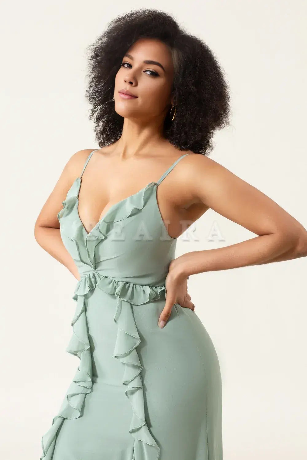Beaira Matcha A-Line Spaghetti Straps Chiffon Bridesmaid Dress With Ruffles Bridesmaid dress shop