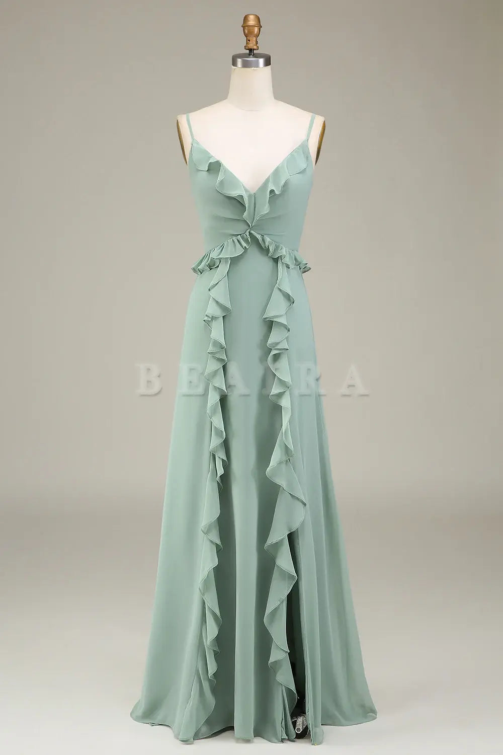 Beaira Matcha A-Line Spaghetti Straps Chiffon Bridesmaid Dress With Ruffles Bridesmaid dress shop