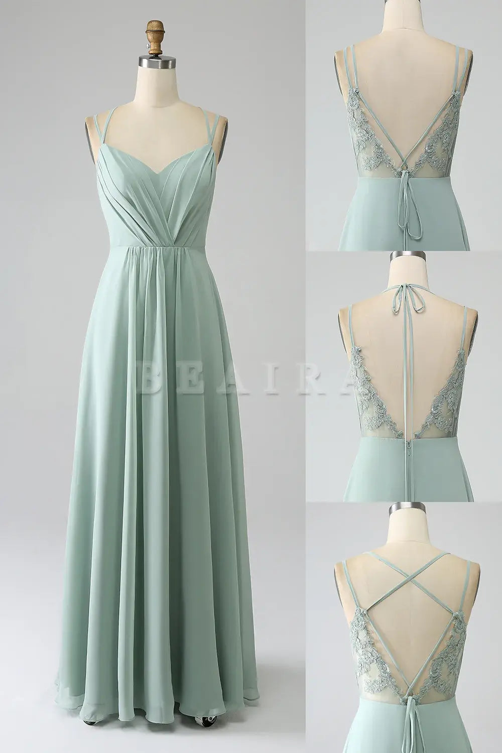 Beaira Matcha A-Line Spaghetti Straps Pleated Chiffon Floor Length Bridesmaid Dress Bridesmaid dress shop