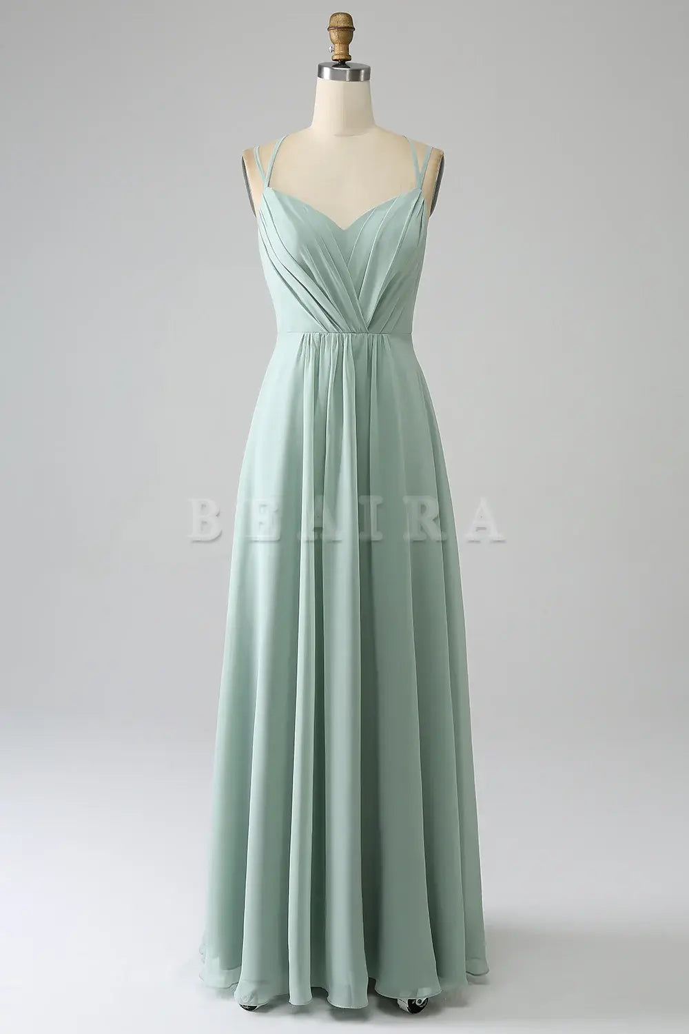 Beaira Matcha A-Line Spaghetti Straps Pleated Chiffon Floor Length Bridesmaid Dress Bridesmaid dress shop