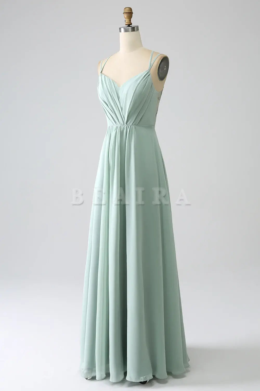 Beaira Matcha A-Line Spaghetti Straps Pleated Chiffon Floor Length Bridesmaid Dress Bridesmaid dress shop