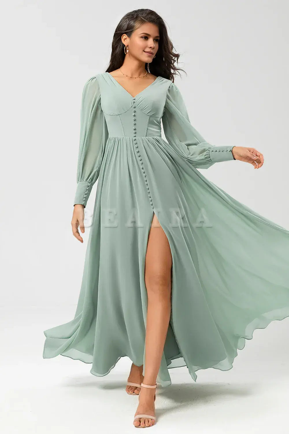 Beaira Matcha A Line Chiffon Ruffles Long Bridesmaid Dress with Slit Bridesmaid dress shop