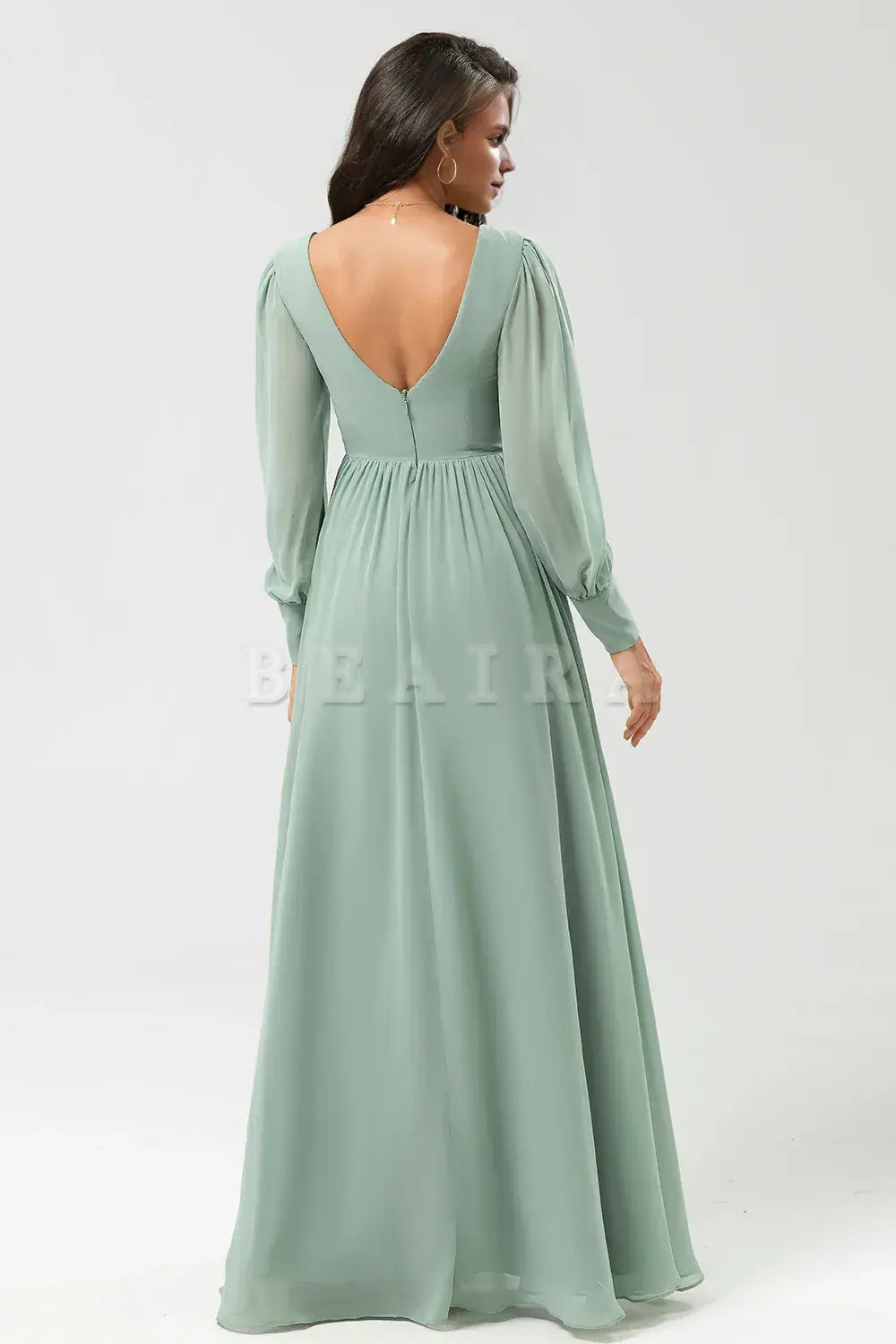 Beaira Matcha A Line Chiffon Ruffles Long Bridesmaid Dress with Slit Bridesmaid dress shop