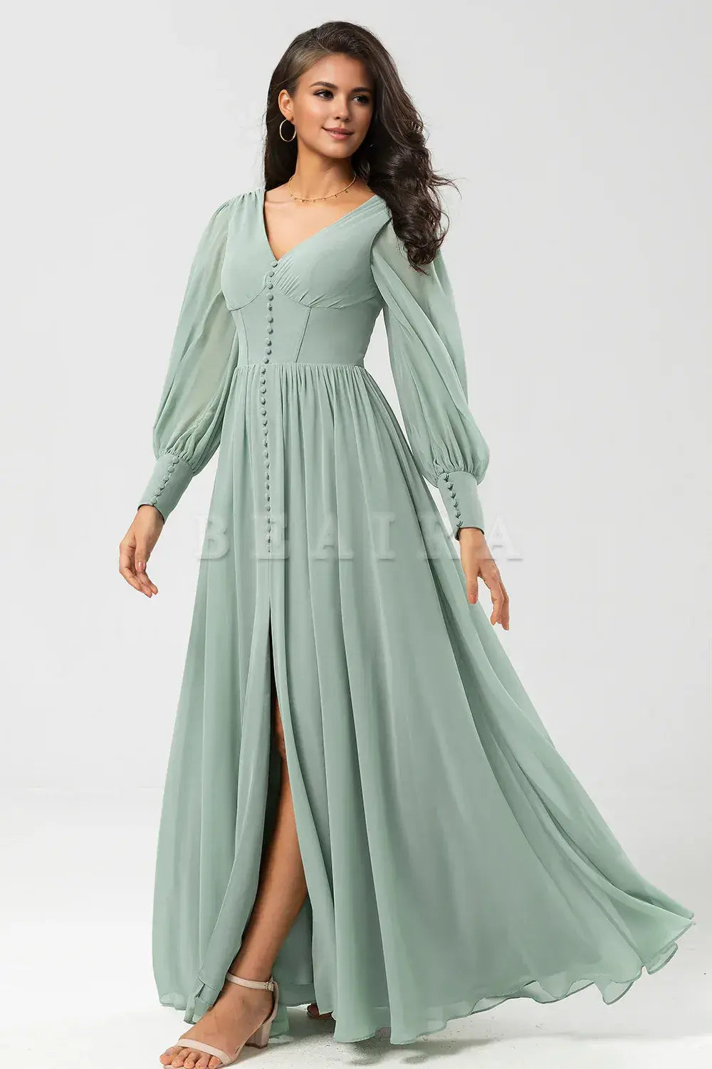 Beaira Matcha A Line Chiffon Ruffles Long Bridesmaid Dress with Slit Bridesmaid dress shop