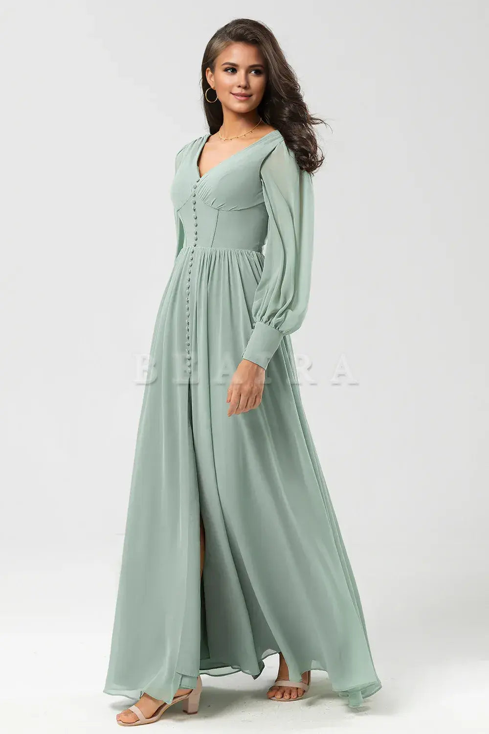 Beaira Matcha A Line Chiffon Ruffles Long Bridesmaid Dress with Slit Bridesmaid dress shop