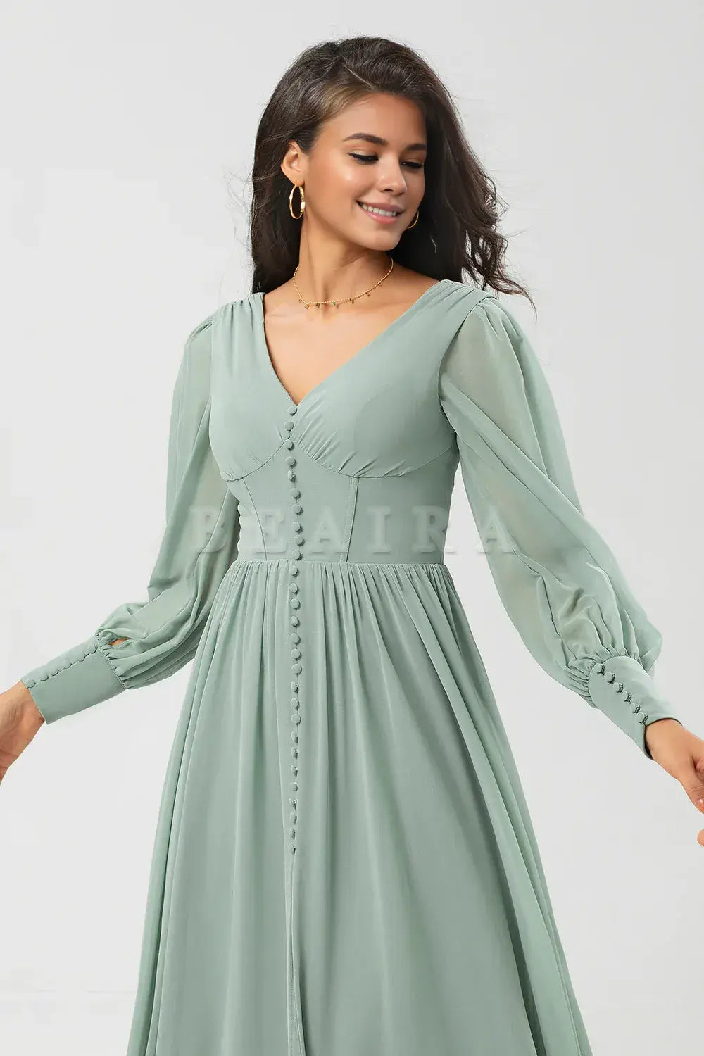 Beaira Matcha A Line Chiffon Ruffles Long Bridesmaid Dress with Slit Bridesmaid dress shop