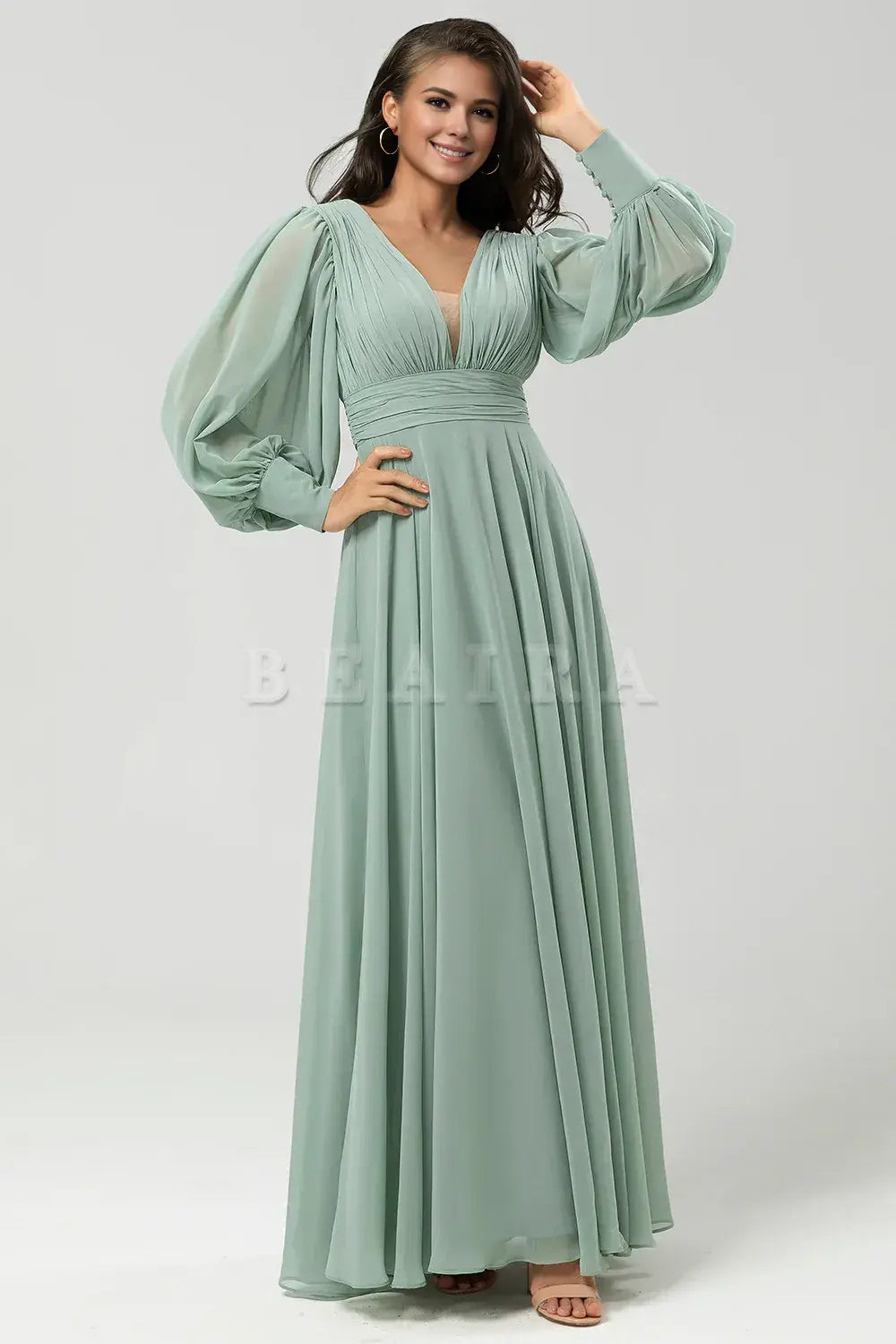 Beaira Matcha A Line Detachable Chiffon Bridesmaid Dress With Long Sleeves Bridesmaid dress shop