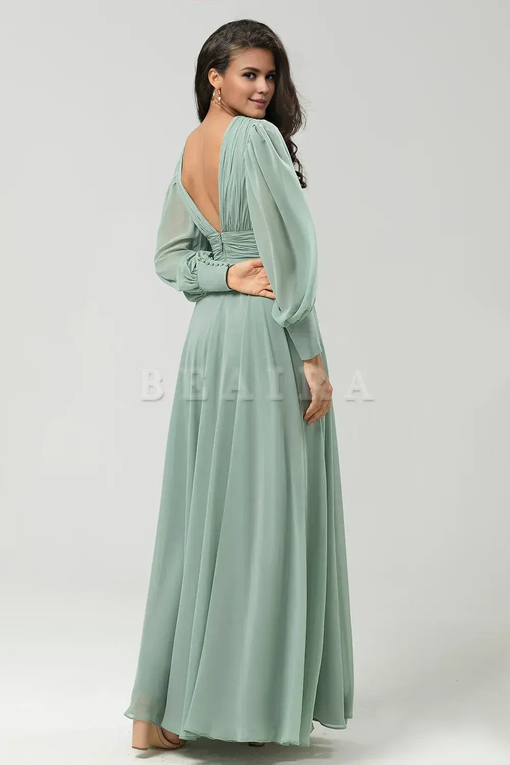 Beaira Matcha A Line Detachable Chiffon Bridesmaid Dress With Long Sleeves Bridesmaid dress shop