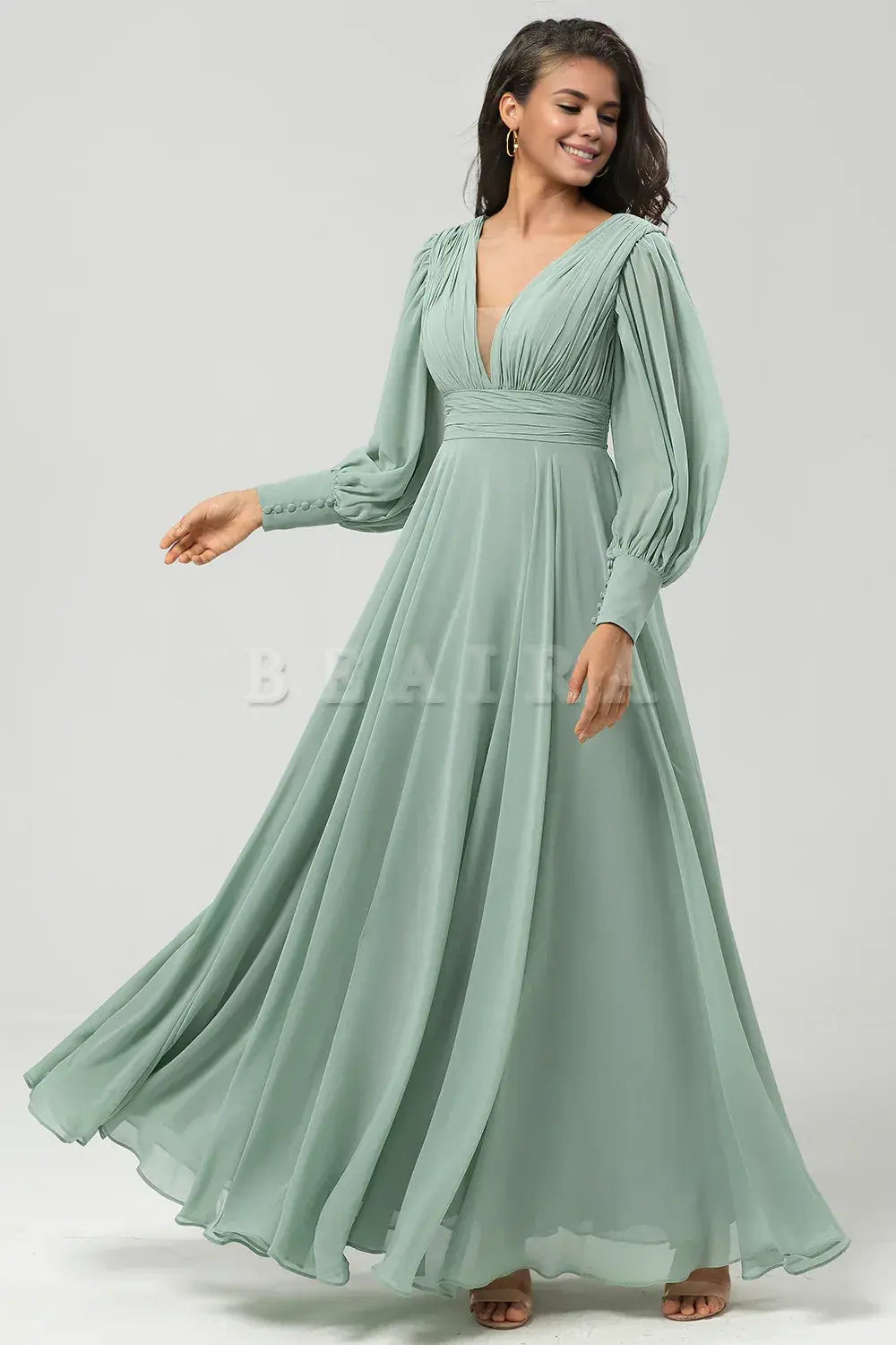 Beaira Matcha A Line Detachable Chiffon Bridesmaid Dress With Long Sleeves Bridesmaid dress shop