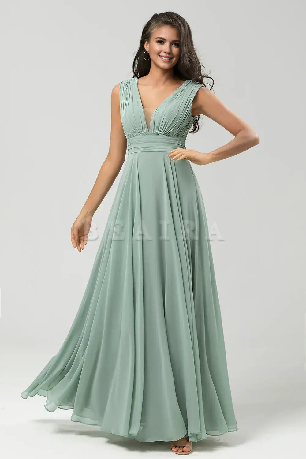Beaira Matcha A Line Detachable Chiffon Bridesmaid Dress With Long Sleeves Bridesmaid dress shop