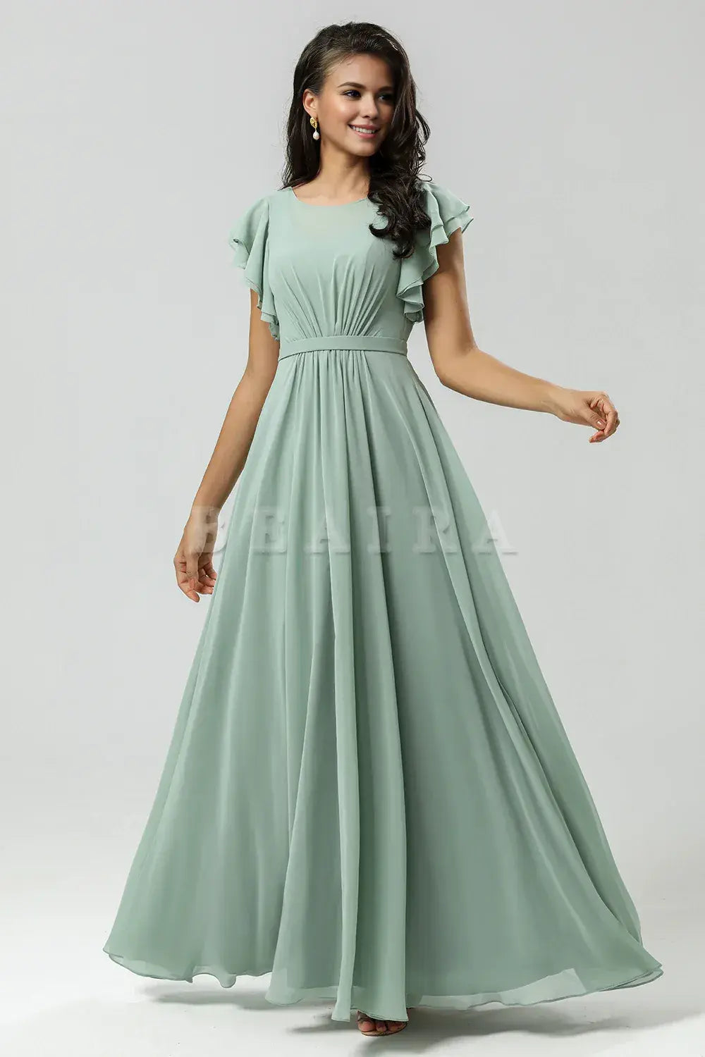Beaira Matcha A Line Round Neck Ruched Floor Length Chiffon Bridesmaid Dress Bridesmaid dress shop