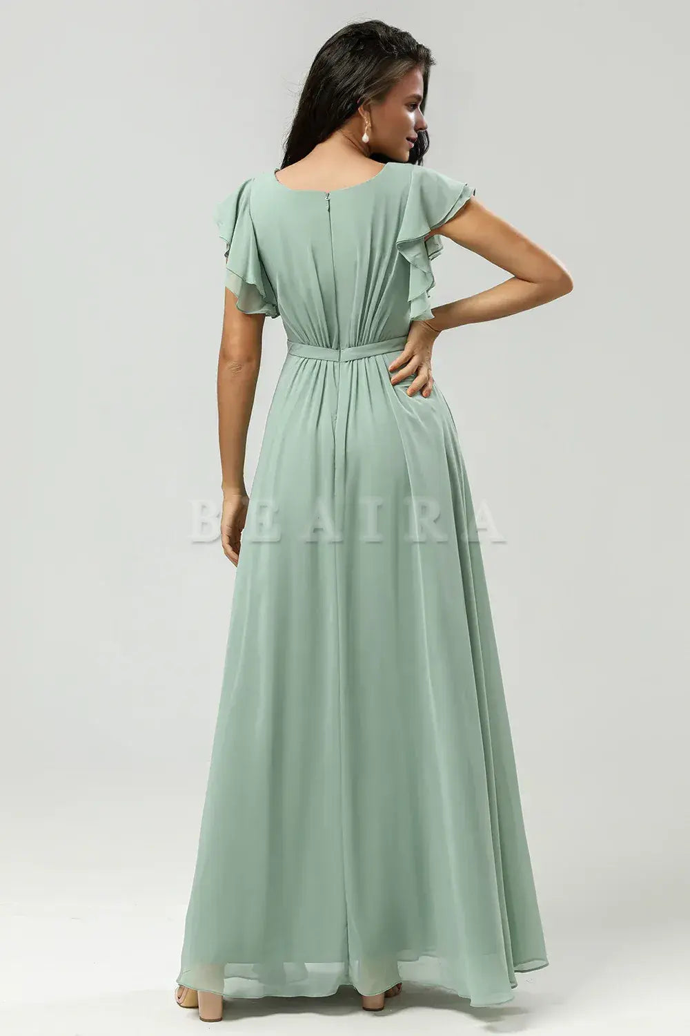 Beaira Matcha A Line Round Neck Ruched Floor Length Chiffon Bridesmaid Dress Bridesmaid dress shop