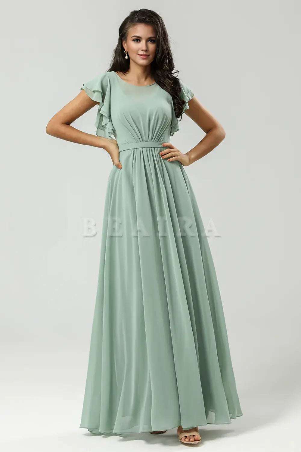 Beaira Matcha A Line Round Neck Ruched Floor Length Chiffon Bridesmaid Dress Bridesmaid dress shop