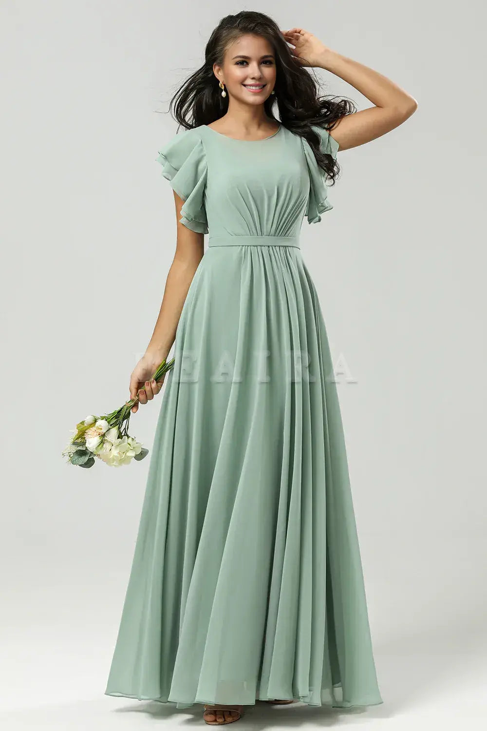 Beaira Matcha A Line Round Neck Ruched Floor Length Chiffon Bridesmaid Dress Bridesmaid dress shop
