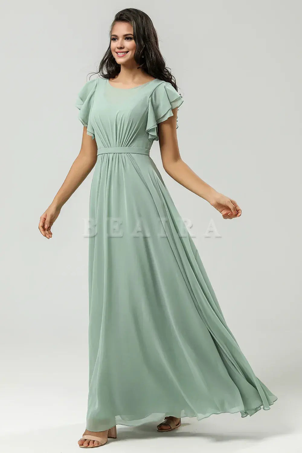 Beaira Matcha A Line Round Neck Ruched Floor Length Chiffon Bridesmaid Dress Bridesmaid dress shop