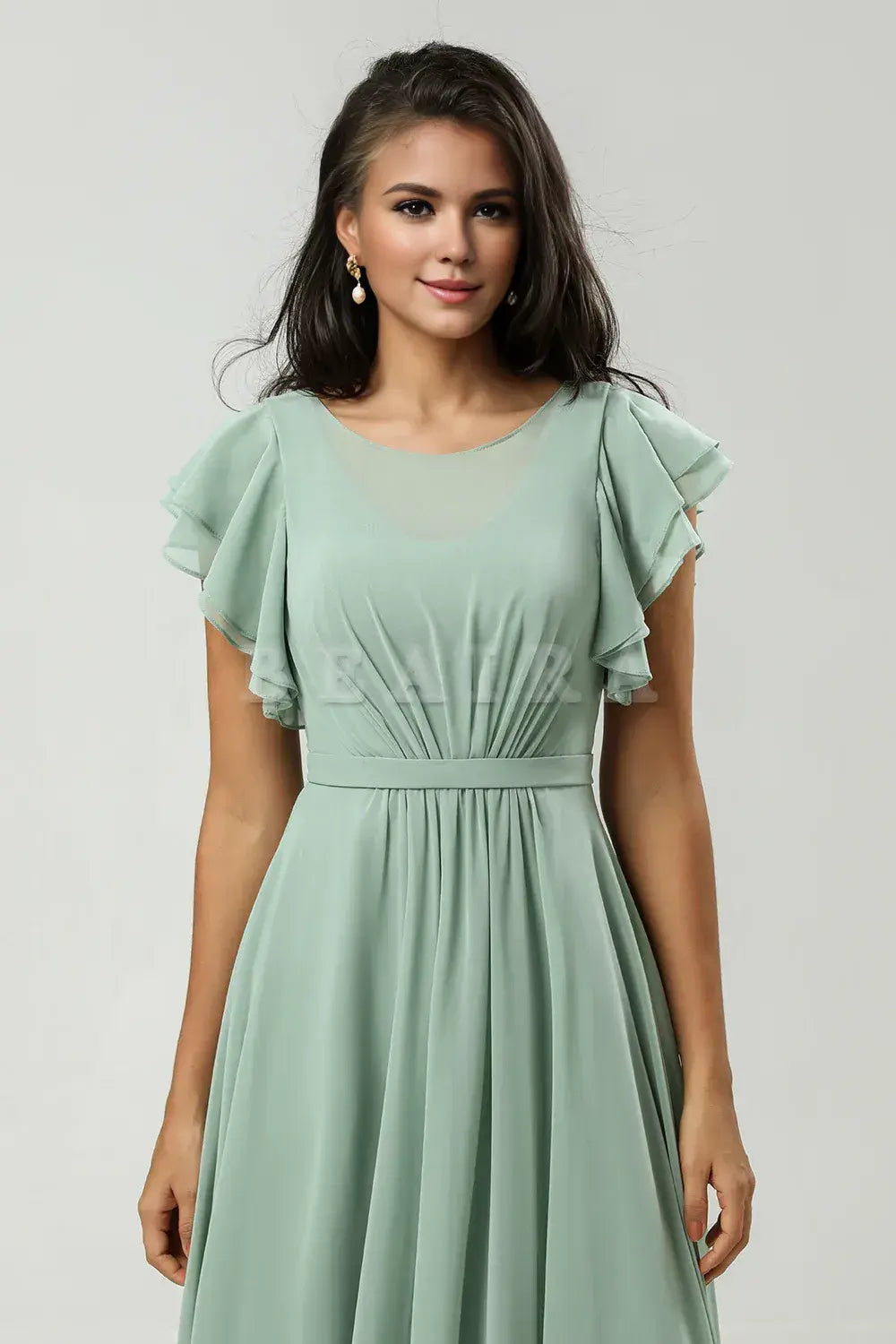 Beaira Matcha A Line Round Neck Ruched Floor Length Chiffon Bridesmaid Dress Bridesmaid dress shop